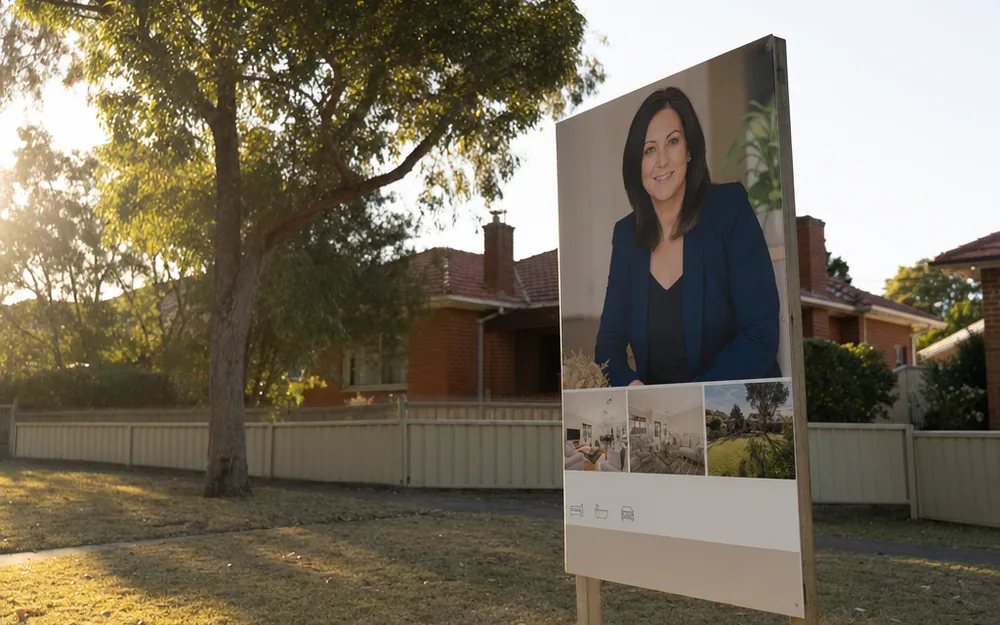 Branded agent signboard on the front lawn of a listed home at dusk