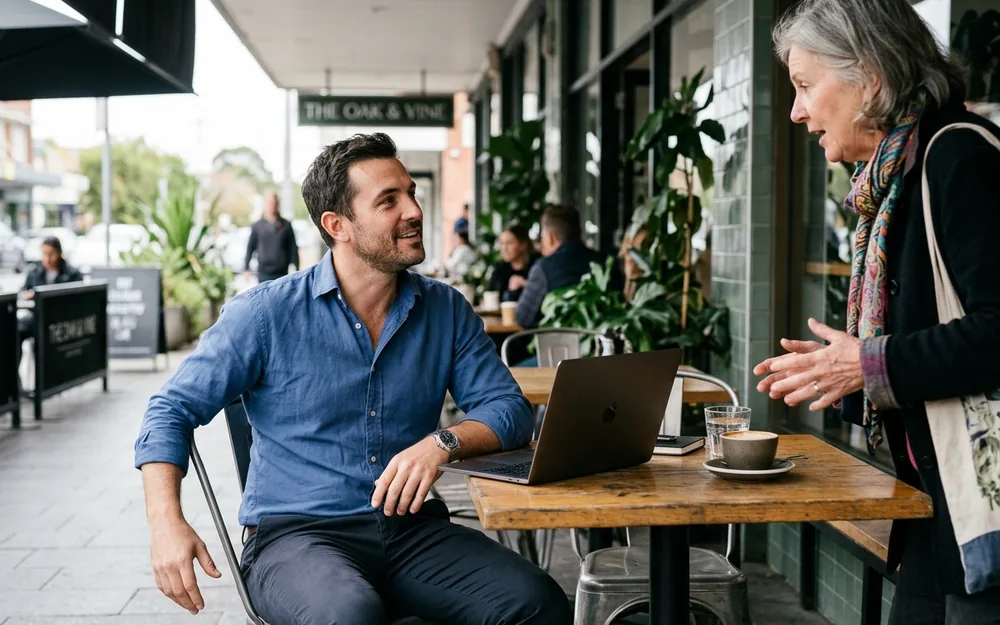 Agent meeting a prospective vendor over coffee on a suburban shopping strip