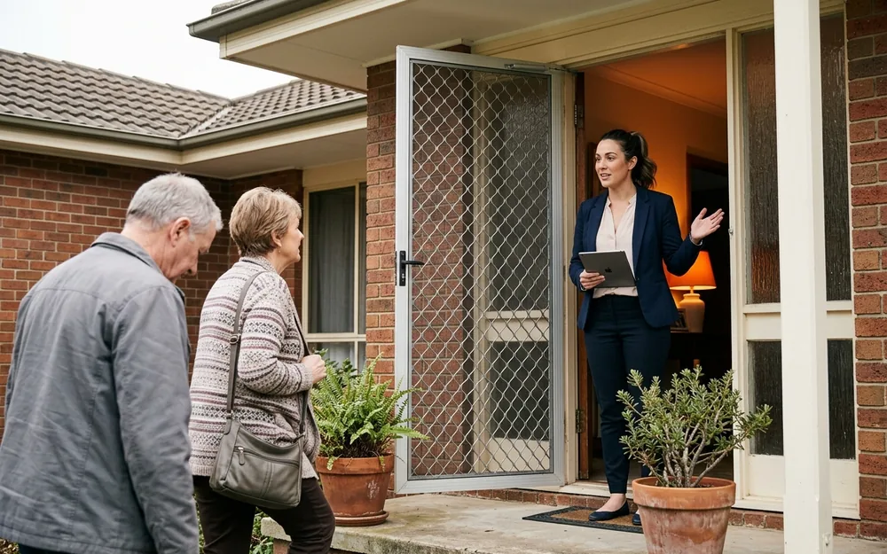 Agent welcoming an older couple to an appraisal at the front door