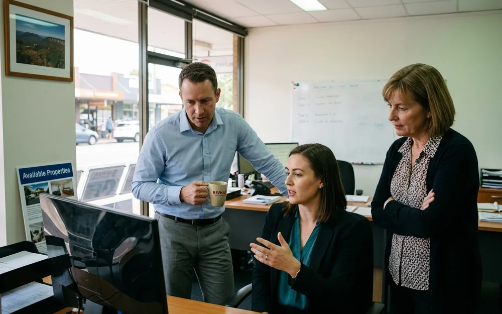 Three agents reviewing their pipeline on screen in an agency office