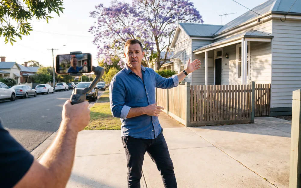 Solo agent filming a piece to camera on a suburban street