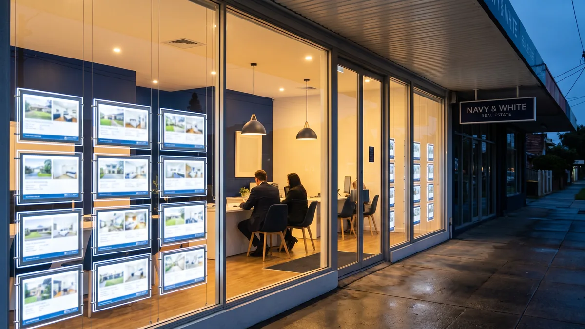 Real estate agency shopfront at dusk