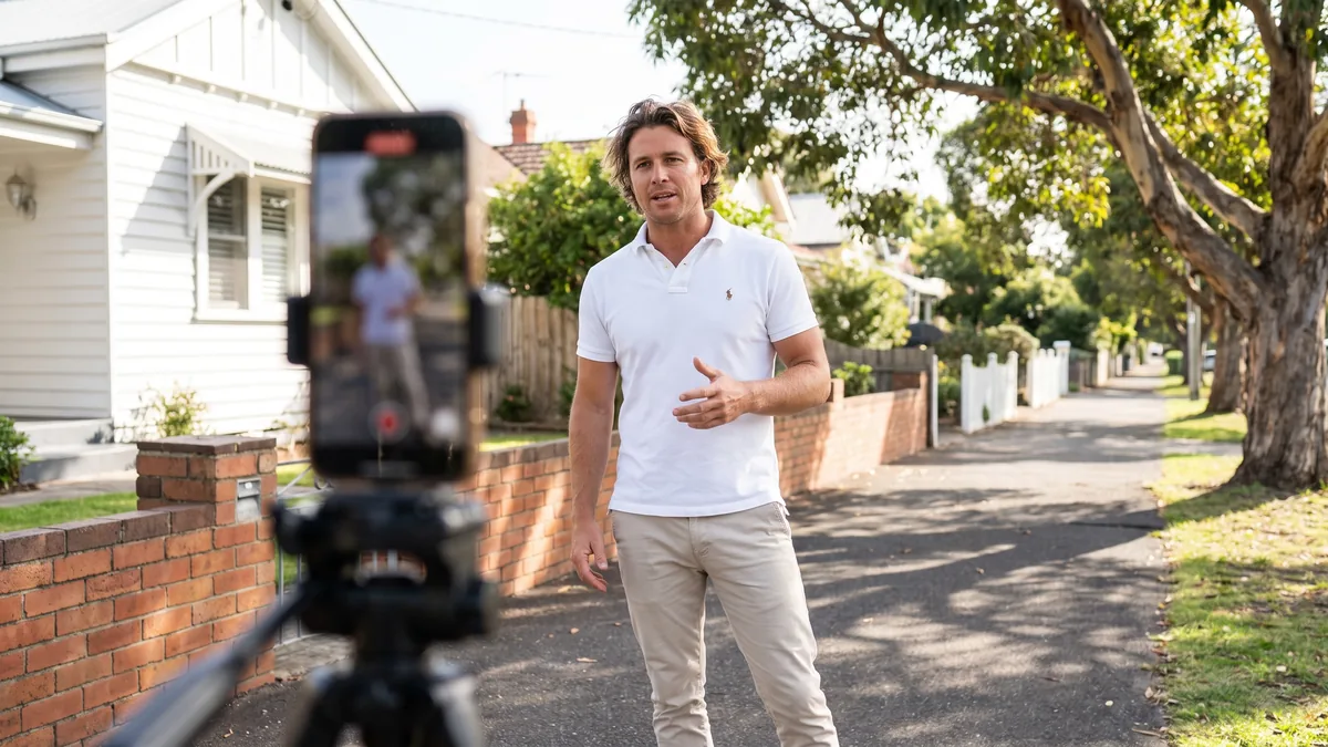 Solo agent filming a piece to camera outside a listed home