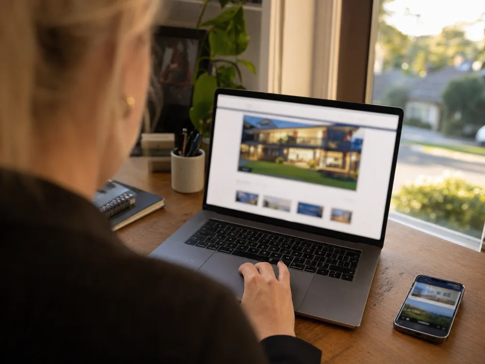 Seller reading a property landing page on a laptop at home