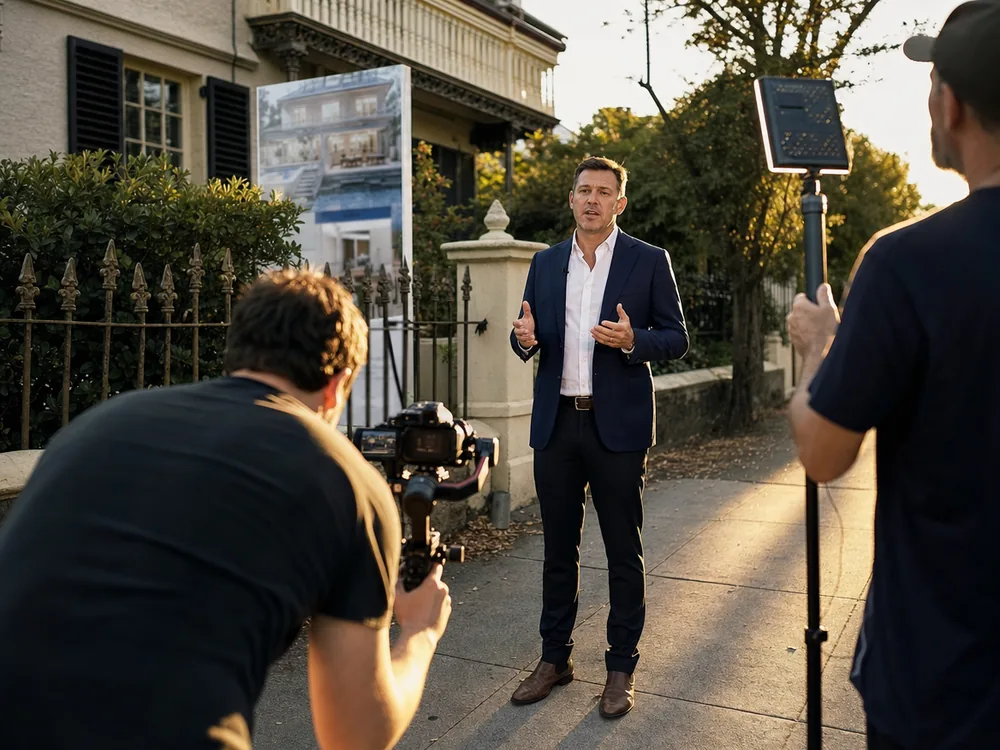 Agent filmed to camera by a small crew outside a listing at golden hour