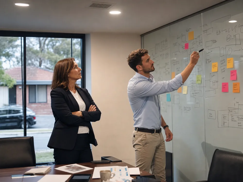 Principal and strategist mapping an offer on a glass wall in an agency boardroom