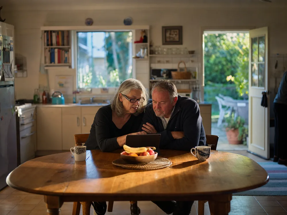 Downsizing couple reading an agent's page together on a tablet at their kitchen table