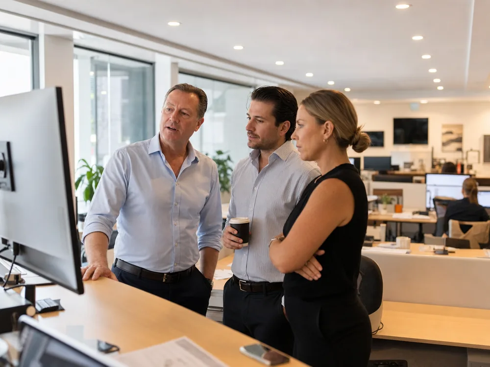 Principal and two agents reviewing the vendor pipeline on screen in the agency